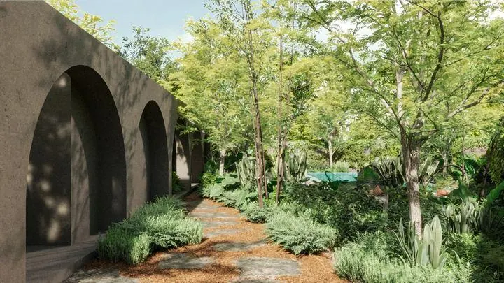 Jardín con arcos y vegetación en Coordenada Country