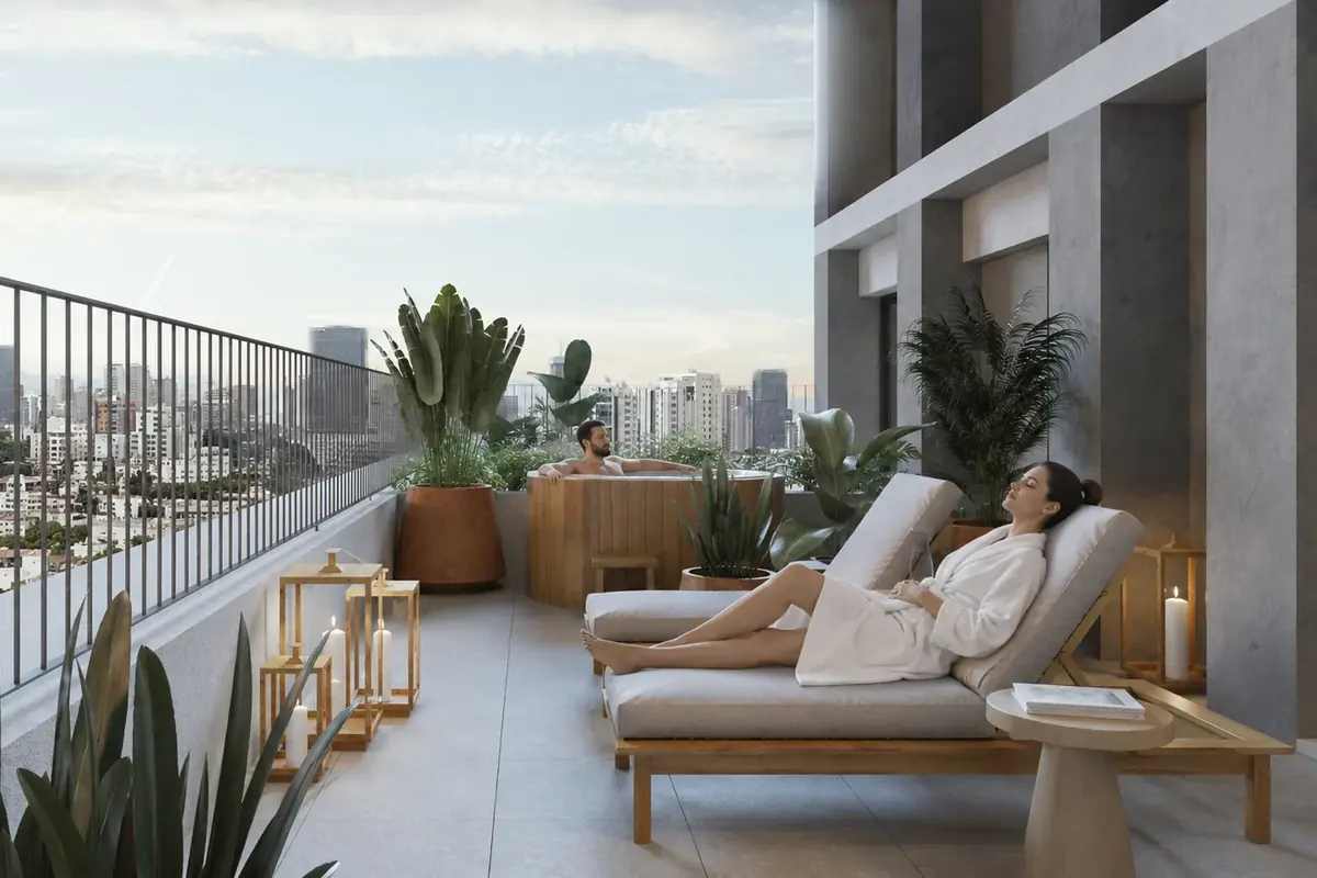 Terraza con tina de madera y vista a la ciudad en VEQ Severo Díaz