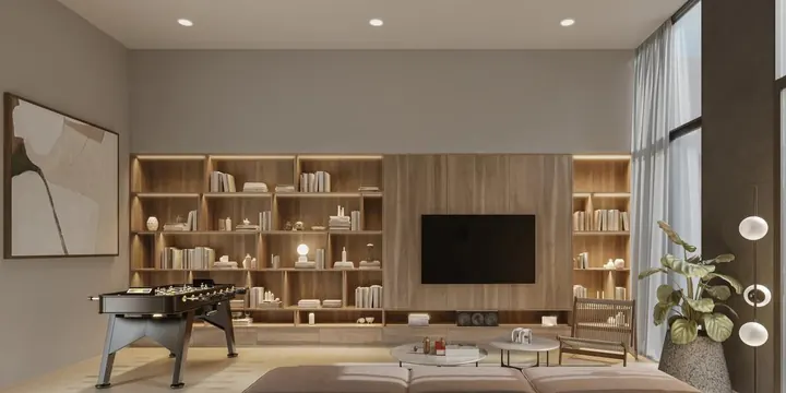 Salón social con librero y pantalla en VEQ Brasilia