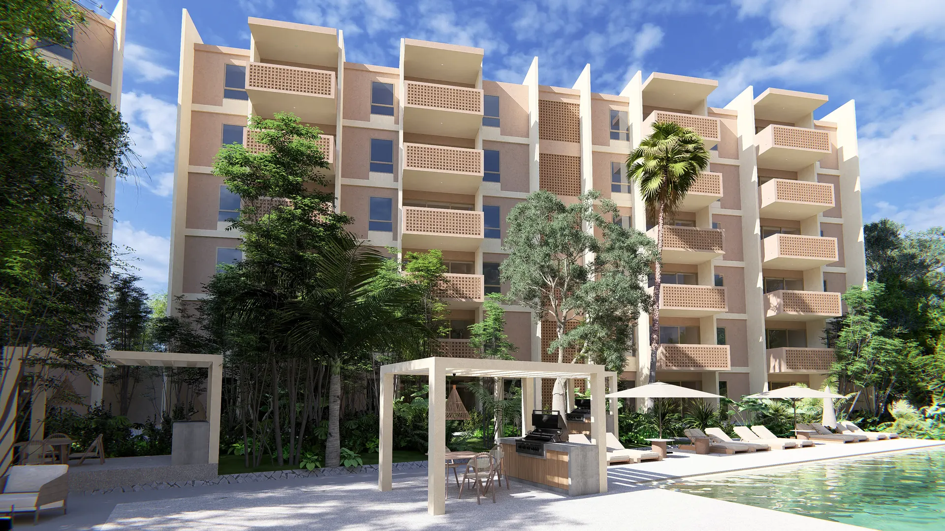 Edificios de Alana Wellness Living con alberca, pérgola y vegetación