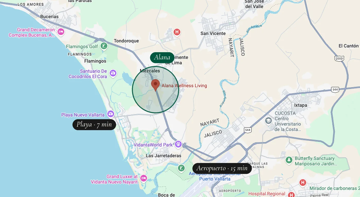 Mapa de Nuevo Vallarta con radio ilustrativo, la playa y el aeropuerto de Puerto Vallarta