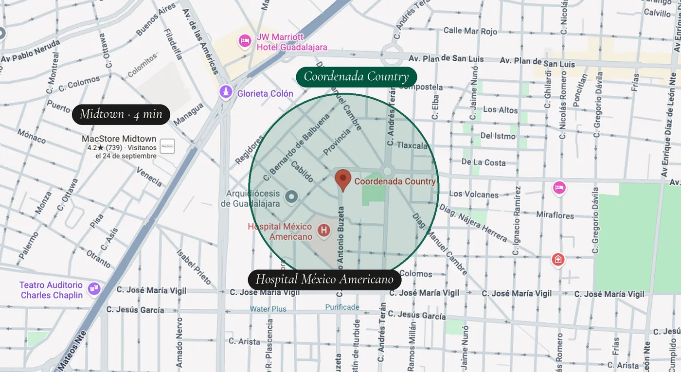 Mapa de la zona de Coordenada Country con radio ilustrativo, Midtown y el Hospital México Americano