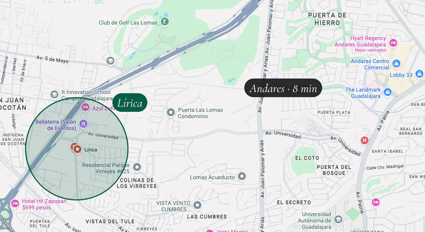 Mapa de la zona de Lírica con radio ilustrativo y distancia a Andares