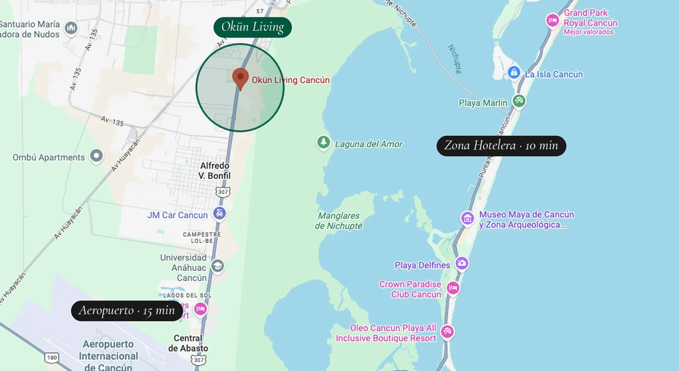 Mapa de Cancún con radio ilustrativo, la zona hotelera y el aeropuerto