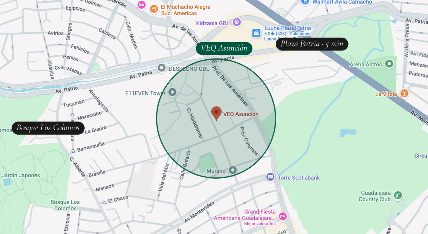 Mapa de la zona de VEQ Asunción con radio ilustrativo, Bosque Los Colomos y Plaza Patria
